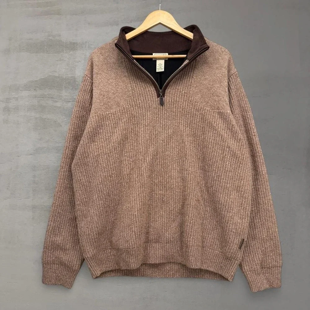 L.L.Bean Waterfowl 1/4 Zip Sweater Brown Merino Lambswool Gore Windstopper Large